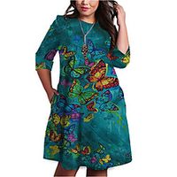 Women's Plus Size Dress Shift Dress Knee Length Dress 34 Length Sleeve Graphic Butterfly Print Basic Fall Spring Summer Blue Green XL XXL 3XL 4XL 5XL Lightinthebox - thumbnail