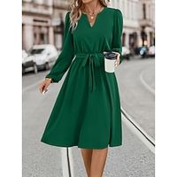 Women's Casual Dress A Line Dress Plain Dress Midi Dress Lace up Outdoor Christmas Street Fashion Streetwear Split Neck Long Sleeve 2023 Loose Fit Black Navy Blue Green Color S M L XL Size Lightinthebox - thumbnail