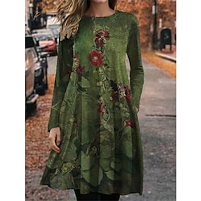 Women's Casual Dress Winter Dress T Shirt Dress Tee Dress Floral Pocket Print Crew Neck Midi Dress Fashion Streetwear Outdoor Daily Long Sleeve Regular Fit Navy Blue Dark Green Purple Fall Winter S M Lightinthebox