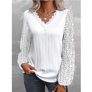 Women's Shirt Lantern Sleeve Blouse White Plain Lace Button Long Sleeve Work Daily V Neck Regular Fit Spring   Fall Lightinthebox
