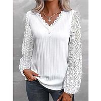 Women's Shirt Lantern Sleeve Blouse White Plain Lace Button Long Sleeve Work Daily V Neck Regular Fit Spring   Fall Lightinthebox - thumbnail