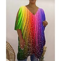 Women's T shirt Tee Rainbow Rainbow Sequins Cut Out Half Sleeve Casual Weekend Basic V Neck Regular S  Print Lightinthebox - thumbnail