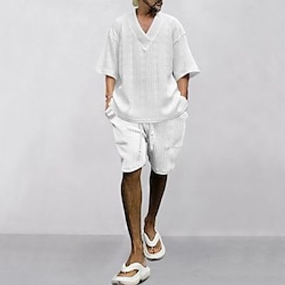 Men's T-shirt Suits Shorts and T Shirt Set 2 Pieces Outfits Plain V Neck Daily Wear Vacation Short Sleeve 2 Piece Clothing Apparel Fashion Casual Lightinthebox