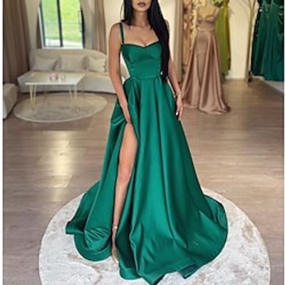 A-Line Evening Gown Elegant Dress Christmas Black Tie Court Train Sleeveless Spaghetti Strap Satin with Slit 2023 Lightinthebox A-Line Evening Gown Elegant Dress Christmas Black Tie Court Train Sleeveless Spaghetti Strap Satin with Slit 2023 Lightinthebox