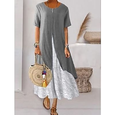 Women's Cotton Linen Dress Casual Dress Dress Set Maxi long Dress Linen Cotton Blend Fashion Modern Outdoor Daily Vacation Crew Neck Button Jacquard Short Sleeve Summer Spring 2023 Regular Fit Gray Lightinthebox