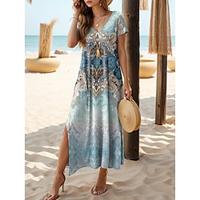 Women's Casual Dress Graphic Tribal Split V Neck Long Dress Maxi Dress Vintage Boho Vacation Short Sleeve Summer Lightinthebox