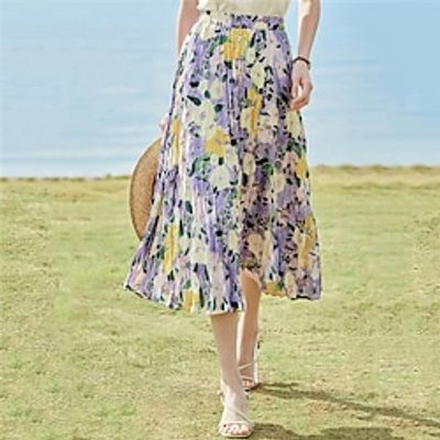 Women's Skirt A Line Long Skirt Midi Polyester Violet Green Skirts Spring  Summer Ruched Print Lined Elegant Long Summer Daily S M L miniinthebox