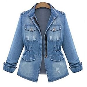 Women's Denim Jacket Warm Breathable Outdoor Daily Wear Vacation Going out Patchwork Zipper Button Pocket Zipper Stand Collar Active Sports Comfortable Street Style Solid Color Loose Fit Outerwear Lightinthebox