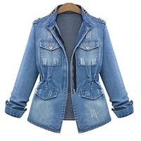 Women's Denim Jacket Warm Breathable Outdoor Daily Wear Vacation Going out Patchwork Zipper Button Pocket Zipper Stand Collar Active Sports Comfortable Street Style Solid Color Loose Fit Outerwear Lightinthebox - thumbnail