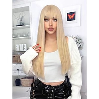 Synthetic heat resistant wigs blonde long straight hair wigs with bangs 26 Inch fashion wig daily used beginner friendly Lightinthebox
