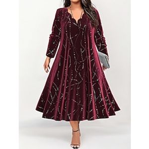 Women's Plus Size Curve Party Dress Velvet Dress Swing Dress Gradient Long Dress Maxi Dress Long Sleeve Print V Neck Fashion Party Wine Fall Winter L XL XXL 3XL 4XL Lightinthebox