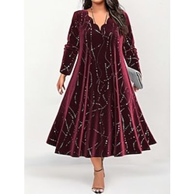Women's Plus Size Curve Party Dress Velvet Dress Swing Dress Gradient Long Dress Maxi Dress Long Sleeve Print V Neck Fashion Party Wine Fall Winter L XL XXL 3XL 4XL Lightinthebox