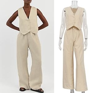 Set with Linen Vest Wide Leg Pants Trousers Women's Retro Vintage 1980s Outfits Casual Daily Spring Summer Beach Cozy Lightinthebox