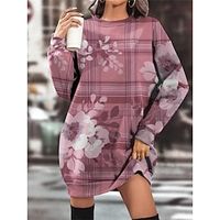 Women's Casual Dress Sweatshirt Dress Winter Dress Floral Plaid Pocket Print Crew Neck Mini Dress Fashion Streetwear Outdoor Daily Long Sleeve Loose Fit Pink Fall Winter S M L XL XXL Lightinthebox - thumbnail