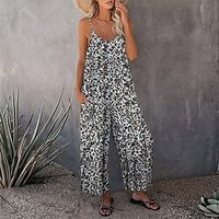 Women's Jumpsuit Backless Print Floral V Neck Casual Holiday Weekend Regular Fit Spaghetti Strap Light gray Brown Gray S M L Spring miniinthebox - thumbnail