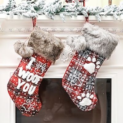 Dog Christmas Stocking 20 Inch Buffalo Plaid Christmas Stockings Plush Faux Cuff Christmas Hanging Stockings with Letter and Dog for Xmas Decoration Mini Balls Table Pieces miniinthebox