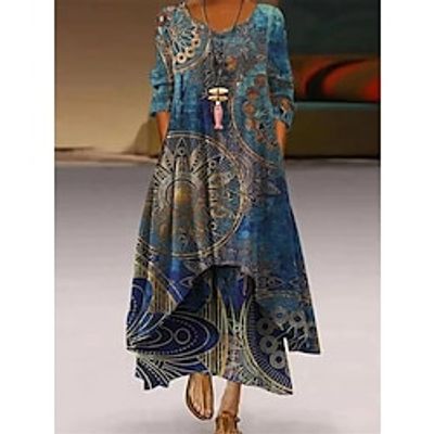 Women's Long Dress Maxi Dress Casual Dress Swing Dress Print Dress Flower Casual Outdoor Daily Weekend Pocket Print Long Sleeve V Neck Dress Loose Fit Yellow Dark Blue Beige Fall Spring S M L XL XXL Lightinthebox