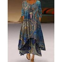 Women's Long Dress Maxi Dress Casual Dress Swing Dress Print Dress Flower Casual Outdoor Daily Weekend Pocket Print Long Sleeve V Neck Dress Loose Fit Yellow Dark Blue Beige Fall Spring S M L XL XXL Lightinthebox - thumbnail