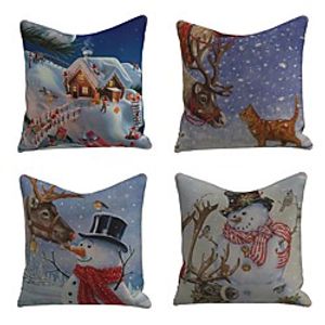 Set of 4 Faux Linen Pillow Cover Special Design Cartoon Traditional Christmas Throw Snowflake Snowman Cartoon Print Pillow 4545cm miniinthebox