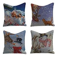 Set of 4 Faux Linen Pillow Cover Special Design Cartoon Traditional Christmas Throw Snowflake Snowman Cartoon Print Pillow 4545cm miniinthebox - thumbnail