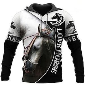 Men's Hoodie Pullover Hoodie Sweatshirt Black And White Hooded Horse Graphic Prints Print Casual Daily Sports 3D Print Plus Size Sportswear Casual Big and Tall Spring   Fall Clothing Apparel Hoodies miniinthebox