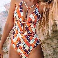 Women's Swimwear One Piece Normal Swimsuit Printing Plaid Orange Bodysuit Bathing Suits Sports Beach Wear Holiday miniinthebox - thumbnail