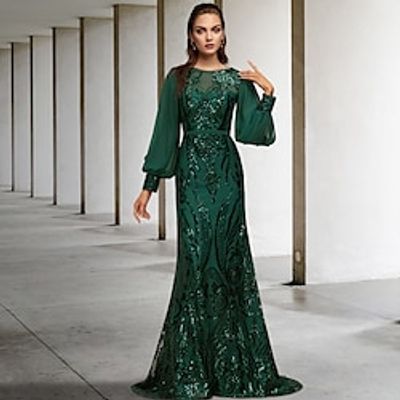 Mermaid  Trumpet Mother of the Bride Dress Elegant Sparkle  Shine Jewel Neck Sweep  Brush Train Chiffon Sequined Long Sleeve with Sequin Appliques 2022 Lightinthebox