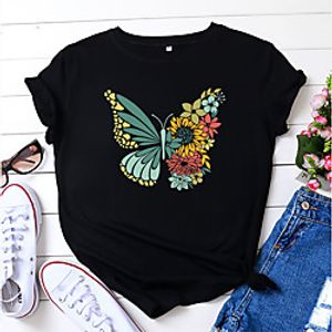 Women's Floral Theme Butterfly T shirt Floral Graphic Butterfly Print Round Neck Basic Tops 100% Cotton Blushing Pink Wine Dusty Blue Lightinthebox