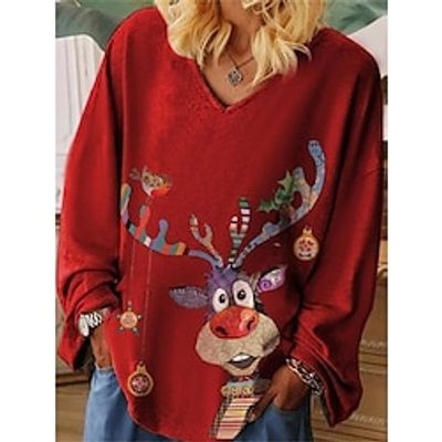 Women's T shirt Tee Christmas Shirt Black Red Green Reindeer Print Long Sleeve Party Christmas Weekend Festival  Holiday V Neck Regular Fit Painting Spring   Fall Lightinthebox