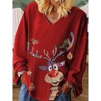 Women's T shirt Tee Christmas Shirt Black Red Green Reindeer Print Long Sleeve Party Christmas Weekend Festival  Holiday V Neck Regular Fit Painting Spring   Fall Lightinthebox - thumbnail