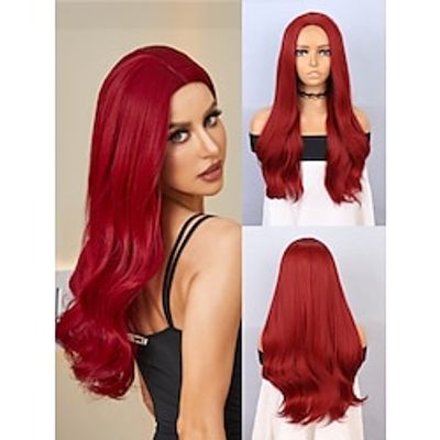 Cosplay Costume Wig Synthetic Wig Body Wave Wavy Middle Part Machine Made Wig 22 inch Wine Red Synthetic Hair Women's Red Burgundy Christmas Party Wigs Lightinthebox
