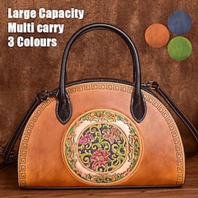 Women's Handbag Crossbody Bag Shoulder Bag Dome Bag Leather Party Daily Holiday Zipper Flower Embossed Large Capacity Waterproof Durable Color Block Flower Folk Vintage black Vintage green Vintage Lightinthebox