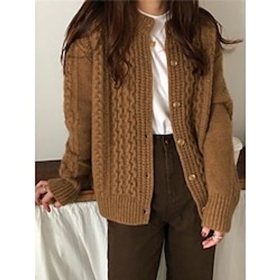 Women's Cardigan Crew Neck Cable Knit Polyester Button Knitted Fall Winter Regular Outdoor Daily Going out Fashion Streetwear Casual Long Sleeve Solid Color Brown Coffee S M L Lightinthebox Women's Cardigan Crew Neck Cable Knit Polyester Button Knitted Fall Winter Regular Outdoor Daily Going out Fashion Streetwear Casual Long Sleeve Solid Color Brown Coffee S M L Lightinthebox