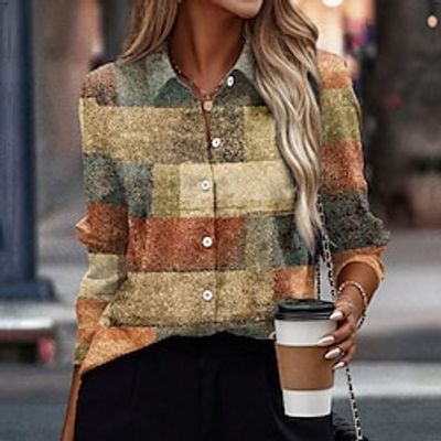 Women's Shirt Blouse Color Block Yellow Pink Blue Print Button Long Sleeve Casual Fashion Shirt Collar Regular Fit Spring   Fall Lightinthebox