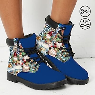 Women's Boots Print Shoes Xmas Shoes Combat Boots Outdoor Christmas Xmas Santa Claus Christmas Tree Booties Ankle Boots Winter Flat Heel Round Toe Closed Toe Fashion Casual Faux Leather Lace-up Blue miniinthebox