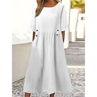 Women's White Dress Casual Dress Cotton Linen Dress Midi Dress Linen Cotton Blend Basic Modern Daily Weekend Crew Neck Button Pocket Half Sleeve Summer Spring 2023 Loose Fit White Purple Green Plain Lightinthebox