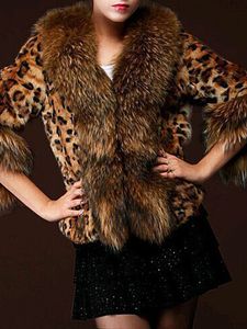 Faux Fur Collar Drawstring Leopard Three-Quarter Sleeve Coats