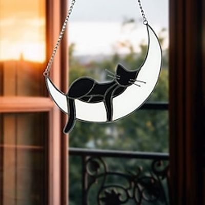 1pc Acrylic Cat On Moon Gifts Handcrafted Cat Suncatchers For Acrylic Window Hangings Cute Cat Decor Housewarming Gift Scene Decor Room Decor Home Decor Window Decoration Pendant Holiday Party miniinthebox