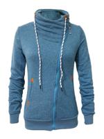 Solid Heap Collar Zipper Fly Draw Cord Hoodie - thumbnail