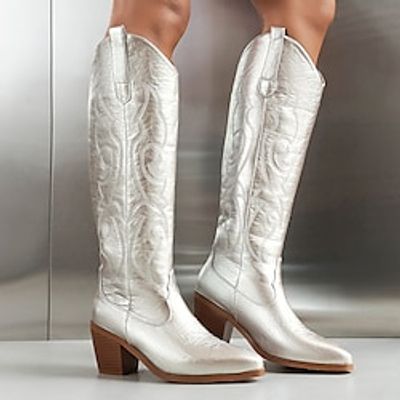 Women's Boots Cowboy Boots Party Knee High Boots Embroidery Chunky Heel Pointed Toe Bohemia PU Loafer Embroidered Silver Pink Orange Lightinthebox