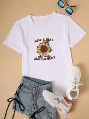 Sunflower & Letter Crew Neck Short Sleeves Tee Sunflower & Letter Crew Neck Short Sleeves Tee