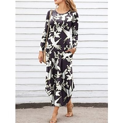Women's Casual Dress SpringDress Leaf Print Pocket Crew Neck Long Dress Maxi Dress Streetwear Maxi Street Holiday Long Sleeve Regular Fit Navy Blue Purple Brown Spring S M L XL XXL Lightinthebox