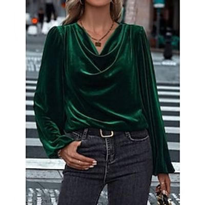 Women's Shirt Blouse Velvet Plain Green Long Sleeve Casual Fashion Cowl Neck Regular Fit Fall  Winter Lightinthebox