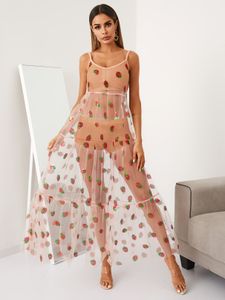YOINS Pink Mesh Spaghetti Strawberry Tiered design Maxi Dress