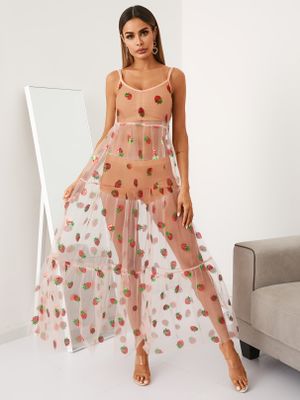 YOINS Pink Mesh Spaghetti Strawberry Tiered design Maxi Dress