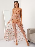 YOINS Pink Mesh Spaghetti Strawberry Tiered design Maxi Dress - thumbnail