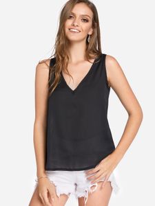 YOINS BASICS Black Semi Sheer Plain V-neck Sleeveless Camis Top