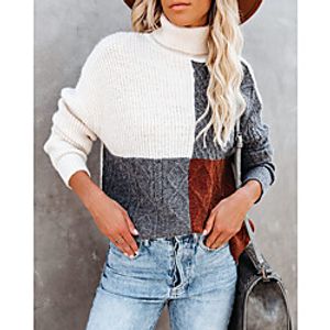 Women's Pullover Sweater Classic Style Patchwork Color Block Simple Casual Long Sleeve Loose Sweater Cardigans High Neck Fall Winter Blue Red miniinthebox