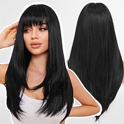 Getshow Black Wigs for Women Layered Straight Long Wig with Bangs Natural Synthetic Hair Lightinthebox