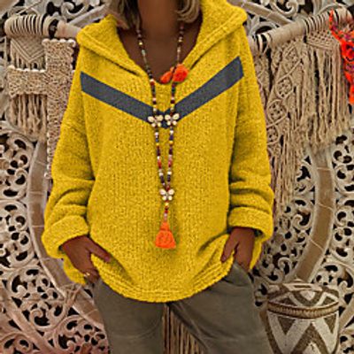 Women's Sweater Knitted Color Block Stylish Casual Long Sleeve Sweater Cardigans Hooded Fall Winter Yellow Gray Red miniinthebox